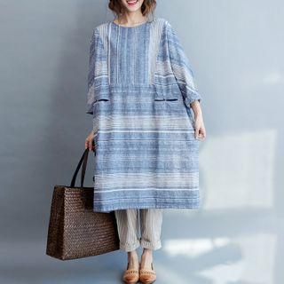 Long-sleeve Midi Striped Shift Dress Blue - One Size