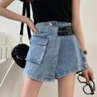 Buckled Washed Mini A-line Denim Skort