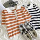 Short-sleeve Striped Polo Collar Knit Top