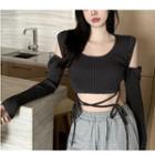Long-sleeve Button-up Lace Up Crop Top / Wide-leg Pants