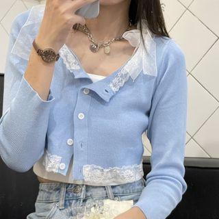 Lace Trim Button-up Crop Knit Top / Camisole Top
