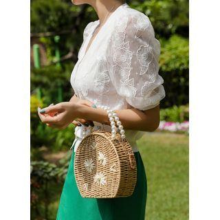Lace-panel Puff-sleeve Cardigan