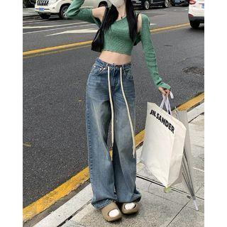 Long-sleeve Shrug / Crop Tank Top / Wide Leg Jeans