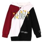 Flower Embroidered Color Panel Hoodie
