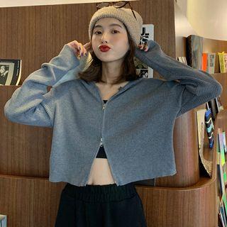 Ribbed Cropped Zip Knit Hoodie