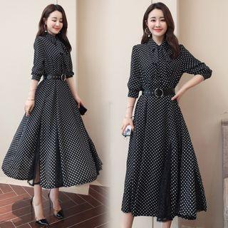 Dotted Belted 3/4-sleeve A-line Midi Dress