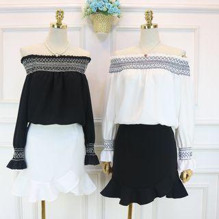 Long-sleeve Off Shoulder Patterned Panel Top