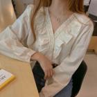 Long-sleeve Buttoned Ruffled Top Almond - One Size