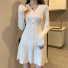 Long-sleeve V-neck Button-up Knit A-line Dress