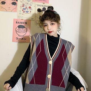 Mock-neck Long-sleeve Top / Argyle Pattern Knit Vest