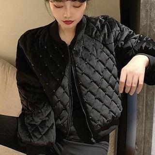 Quilted Beaded Cropped Zip-up Jacket Black - One Size