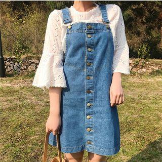 Set: Eyelet Lace Bell-sleeve Top + Buttoned Denim Pinafore Dress