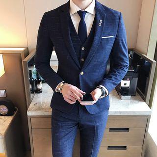 Suit Set: Plaid Blazer + Vest + Dress Pants