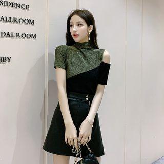 Short-sleeve Cold Shoulder Mock-neck Glitter Top