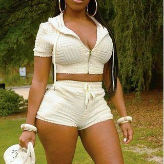 Set: Short-sleeve Hooded Zip-up Crop Top + Sweatshorts
