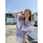 Puff-sleeve Collar Floral Blouse Pink Floral - White - One Size