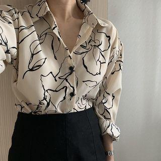 Flower-print Button-down Chiffon Blouse
