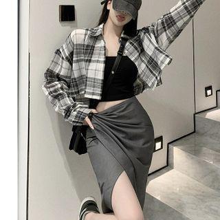 Crop Plaid Shirt / Slit Pencil Skirt / Camisole Top