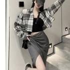 Crop Plaid Shirt / Slit Pencil Skirt / Camisole Top