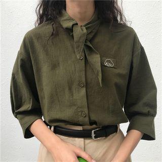 Printed Elbow-sleeve Tie-neck Shirt