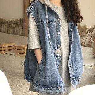 Elbow-sleeve Hooded T-shirt / Denim Vest
