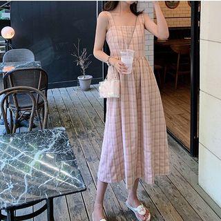 Plaid Short-sleeve Midi A-line Dress / Strappy Dress