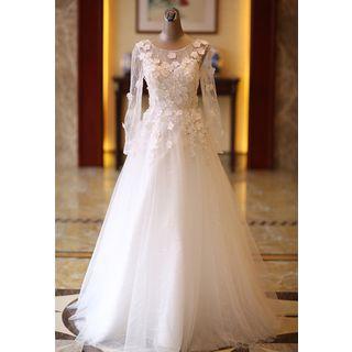 Long-sleeve Rosette Wedding Dress