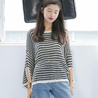 Slit Long Sleeve Pinstriped Open Knit Top