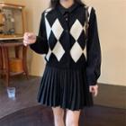 Long-sleeve Pleated Mini Shirt Dress / Argyle Sweater Vest