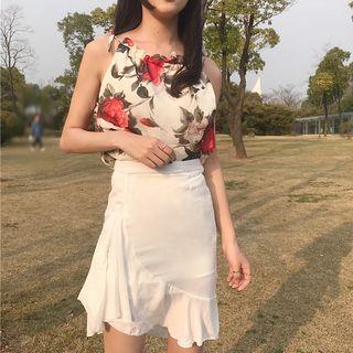 Set: Floral Print Camisole Top + Ruffle Hem A-line Skirt