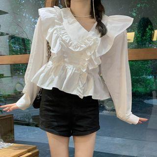 Ruffled Peplum Blouse Shirt - White - One Size