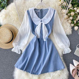 Balloon-sleeve Tie-neck A-line Denim Dress
