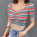 Striped Shirred Cropped Short-sleeve Top / Camisole Top