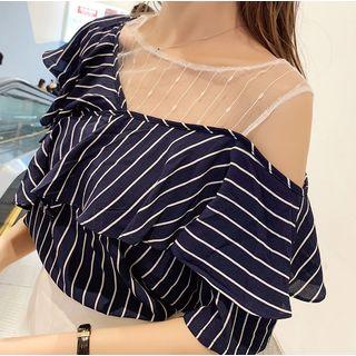 Mesh-panel Striped Elbow-sleeve Chiffon Top