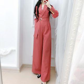 V-neck Long-sleeve Wide-leg Jumpsuit