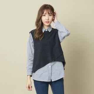 Set: Striped Shirt + Crew-neck Vest Blue - One Size