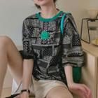 Elbow-sleeve Print T-shirt T-shirt - Green Trim - Black & White - One Size