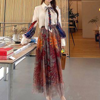 Set: Feather Print Shirt + Floral Print Midi A-line Mesh Skirt