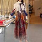 Set: Feather Print Shirt + Floral Print Midi A-line Mesh Skirt