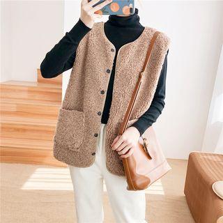 Pocket Detail Faux-shearling Vest Coffee - One Size