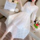 3/4-sleeve Lace Trim Midi A-line Chiffon Dress