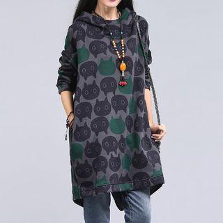 Cat Print Long Sleeve Hooded Dress