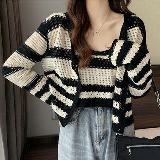 Set: Sleeveless Striped Knit Top + Cardigan