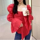 Puff-sleeve Ruched Slit Top