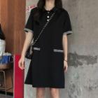 Short-sleeve Polo Neck Dress Black - One Size