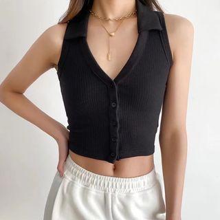 Halter V-neck Ribbed Button-up Knit Crop Top