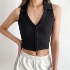 Halter V-neck Ribbed Button-up Knit Crop Top