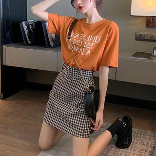 Set: Short-sleeve Lettering T-shirt + Mini Plaid A-line Skirt
