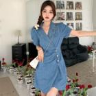 Short-sleeve Notch Lapel Denim Mini A-line Dress
