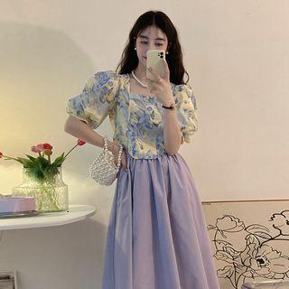 Puff-sleeve Square-neck Floral Print Blouse / Midi A-line Skirt